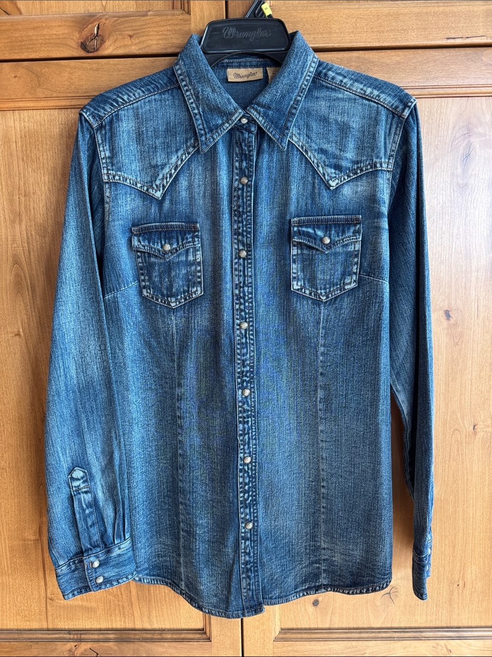 Wrangler Blue Denim Western Snap-Front Shirt with Skull Embroidery